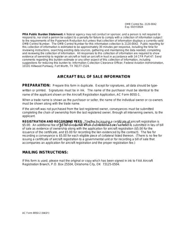 Fill Your Aircraft Bill of Sale AC 8050-2 Template