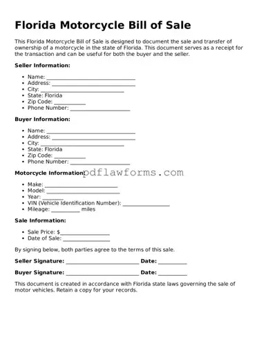 Motorcycle Bill of Sale Form for the State of Florida