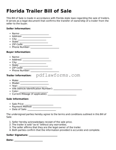 Trailer Bill of Sale Form for the State of Florida
