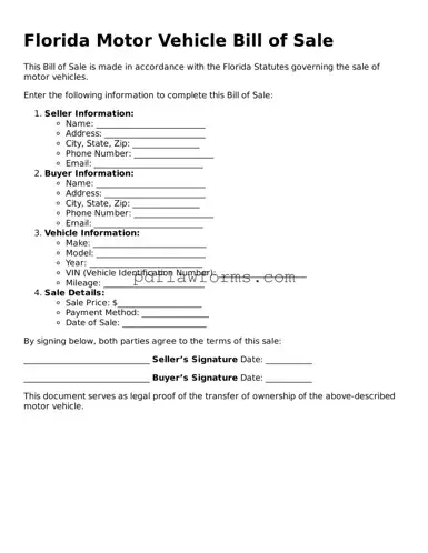 Motor Vehicle Bill of Sale Form for the State of Florida