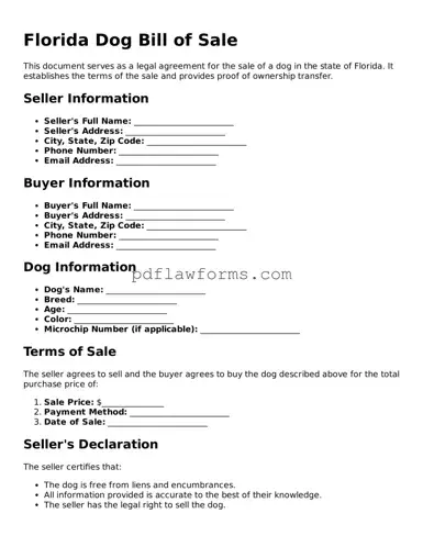 Dog Bill of Sale Form for the State of Florida