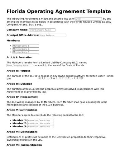 Operating Agreement Form for the State of Florida