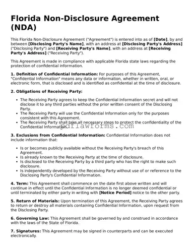 Non-disclosure Agreement Form for the State of Florida