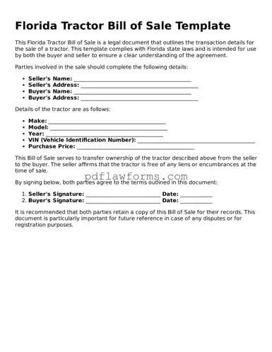 Tractor Bill of Sale Form for the State of Florida