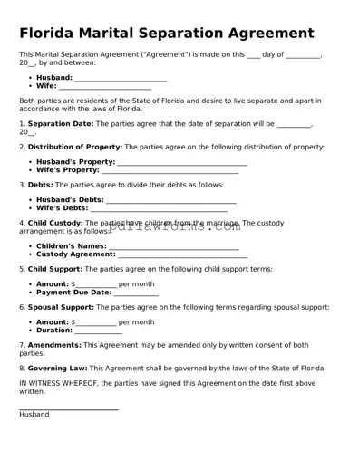 Marital Separation Agreement Form for the State of Florida