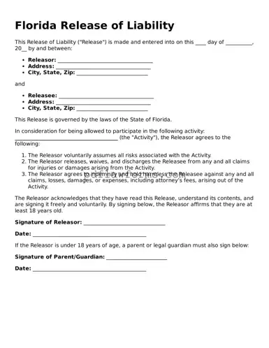 Release of Liability Form for the State of Florida