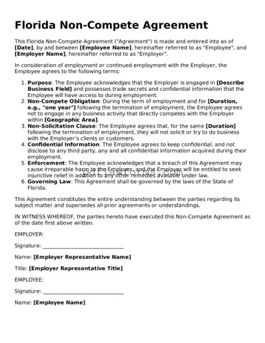 Non-compete Agreement Form for the State of Florida