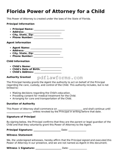Power of Attorney for a Child Form for the State of Florida
