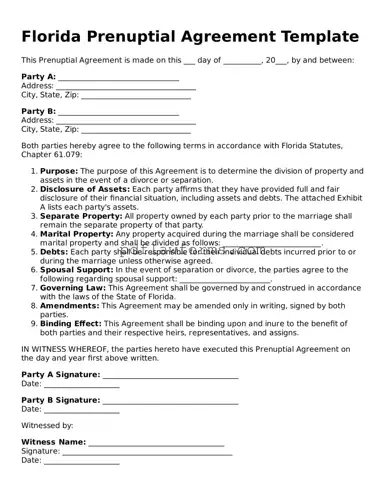 Prenuptial Agreement Form for the State of Florida