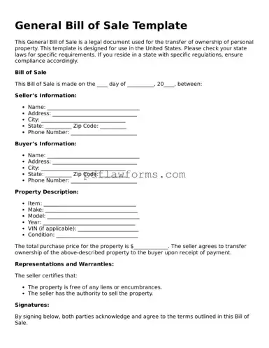 Official General Bill of Sale Form