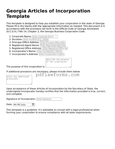 Articles of Incorporation Form for the State of Georgia