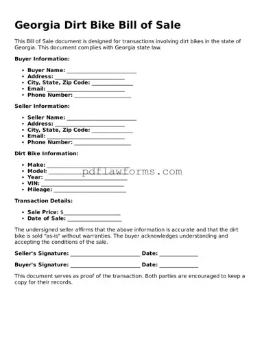 Dirt Bike Bill of Sale Form for the State of Georgia