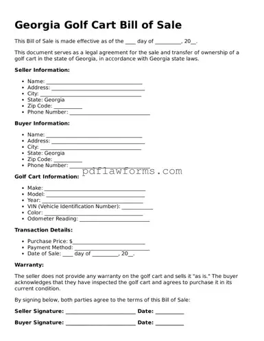Golf Cart Bill of Sale Form for the State of Georgia