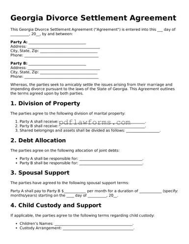 Divorce Settlement Agreement Form for the State of Georgia