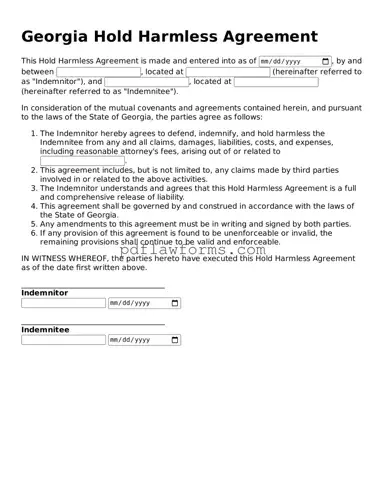 Hold Harmless Agreement Form for the State of Georgia
