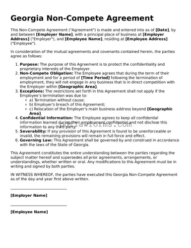 Non-compete Agreement Form for the State of Georgia