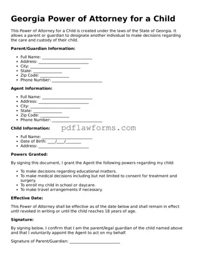 Power of Attorney for a Child Form for the State of Georgia