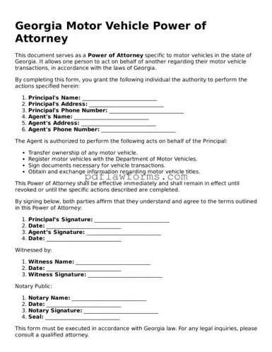 Motor Vehicle Power of Attorney Form for the State of Georgia