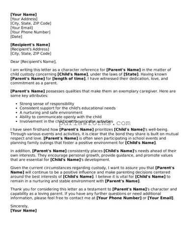 Official Character Reference Letter for Child Custody Form
