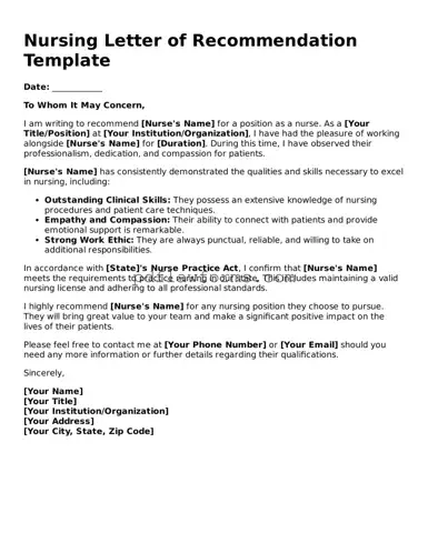 Official Nursing Letter of Recommendation Form