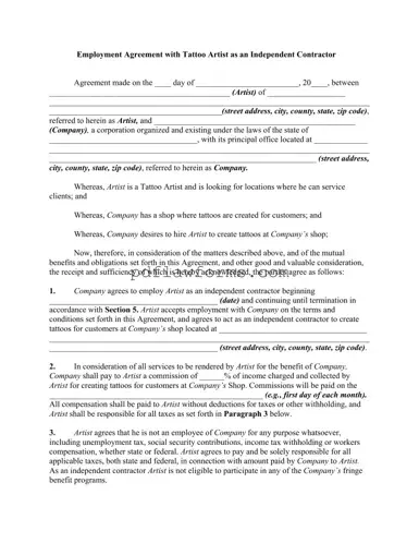 Fill Your Tattoo Shop Artist Agreement Template