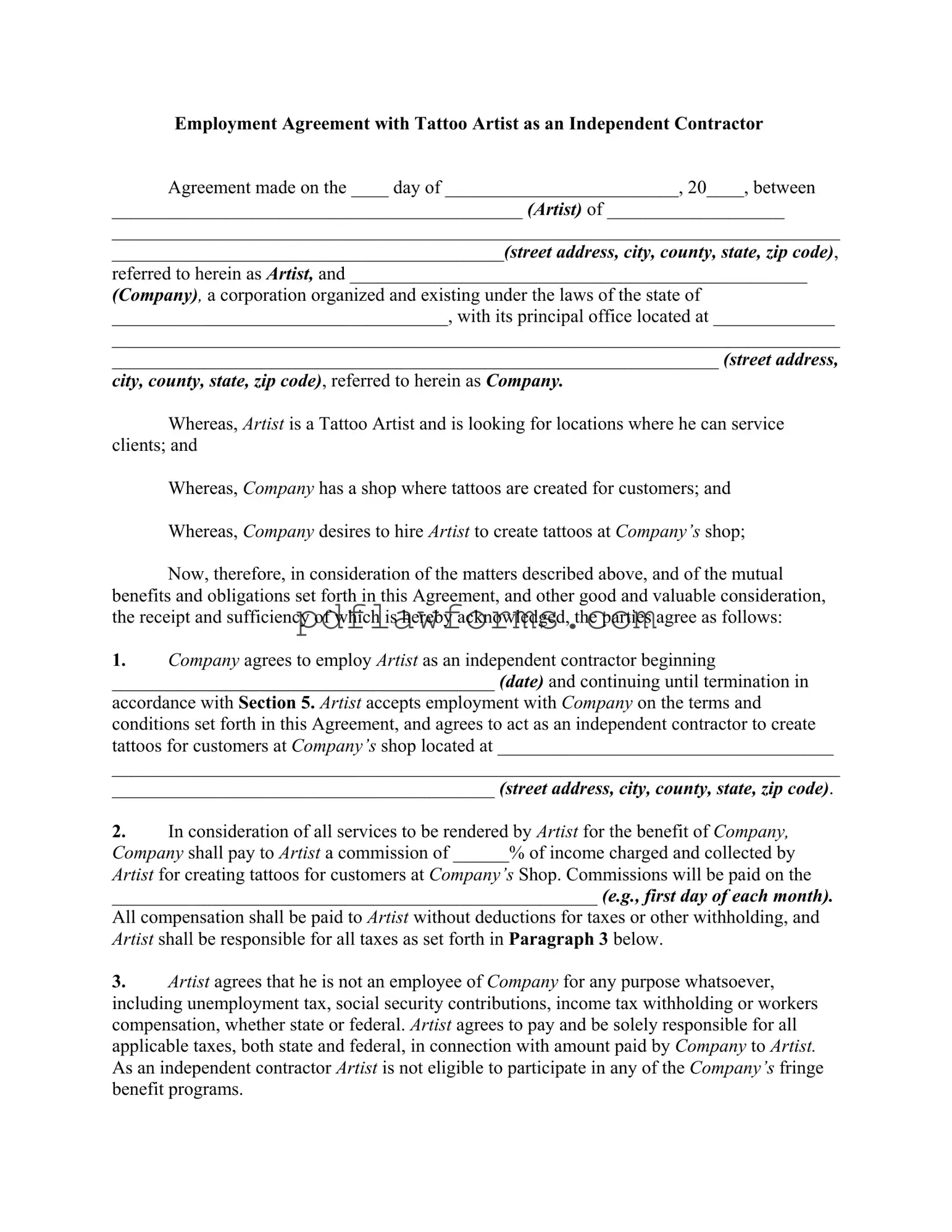 Fill Your Tattoo Shop Artist Agreement Template