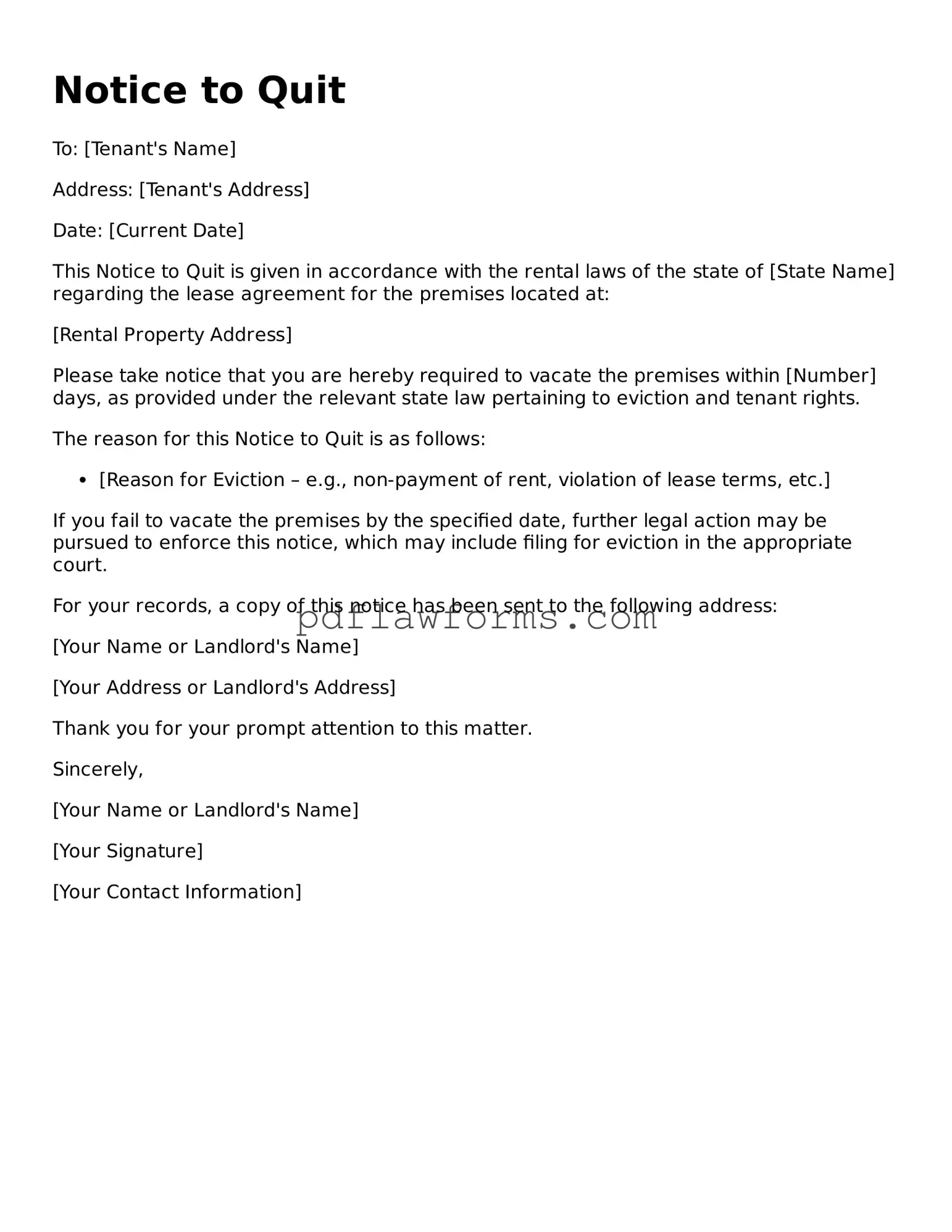 Official Notice to Quit Form