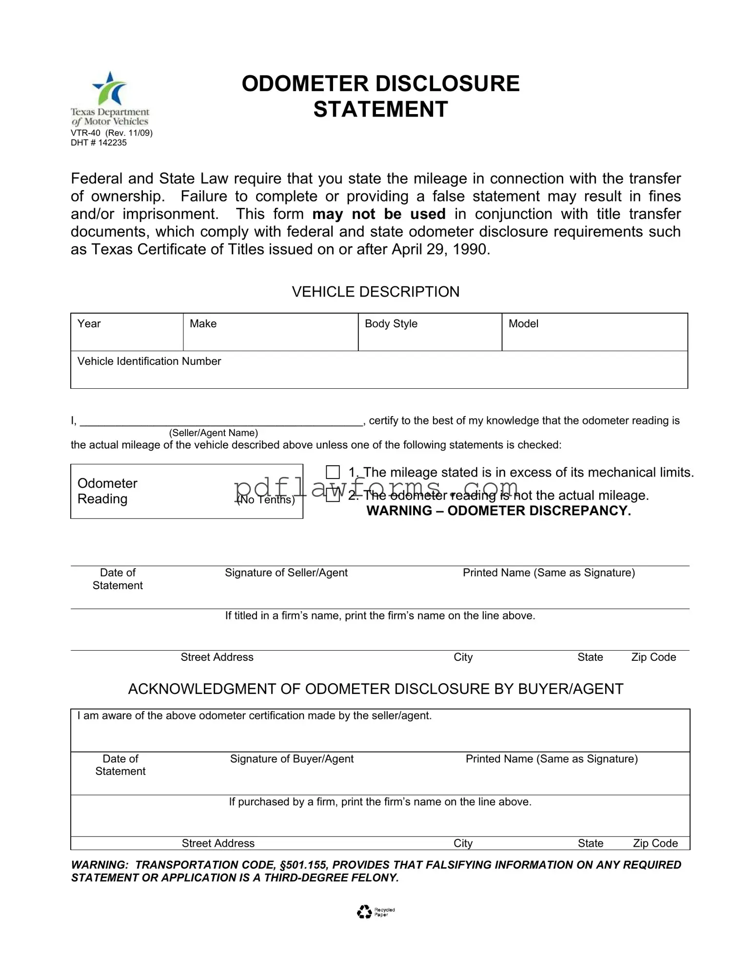 Fill Your Texas Odometer Statement Template