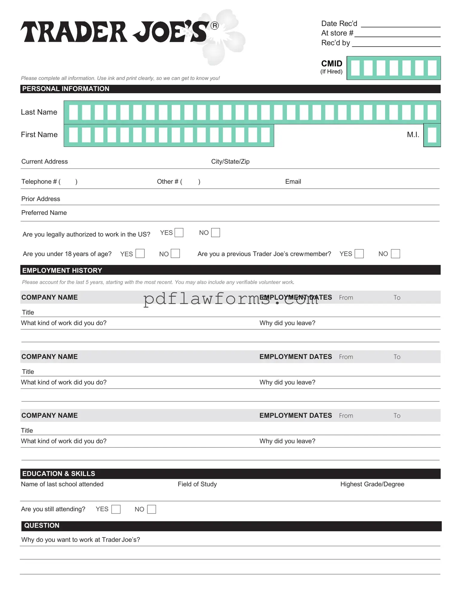Fill Your Trader Joe's application Template