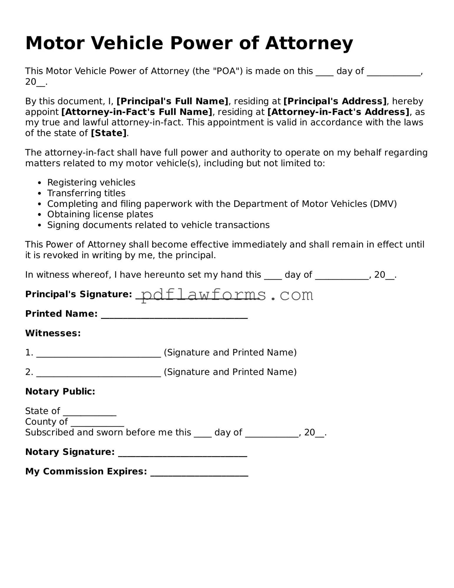 Official Motor Vehicle Power of Attorney Form