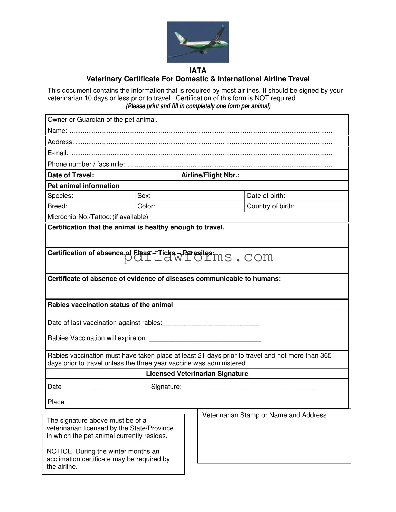 Fill Your Veterinary Certificate Travel Template