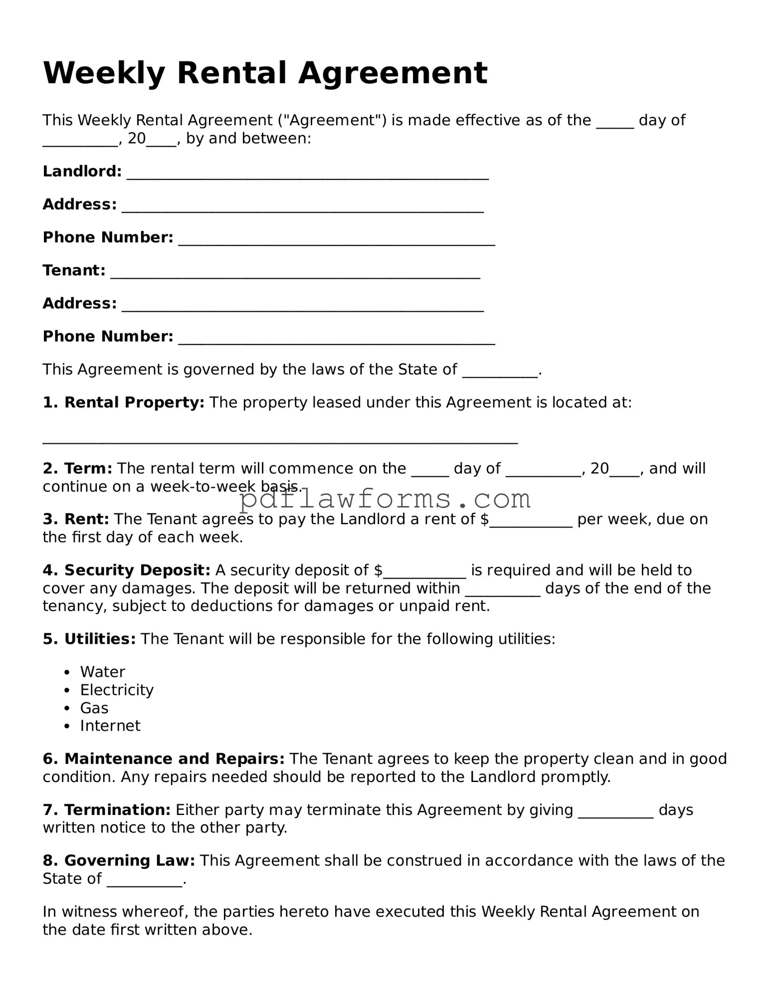 Official Weekly Rental Agreement Form