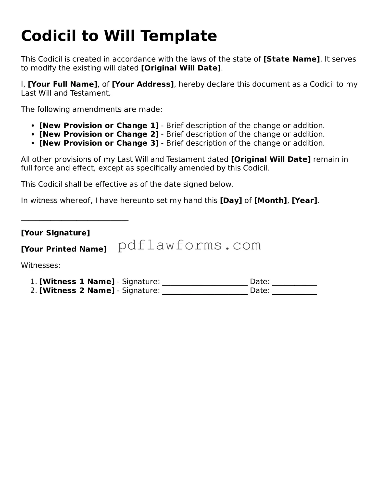Official Codicil to Will Form